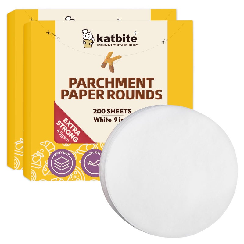 Katbite 9 Inch 400Pcs Parchment Paper Rounds, Round Parchment Paper for Cake Baking, Air Fryer Liners, Freezing, Tortilla Press(2 Pack of 200Pcs) - Image 1